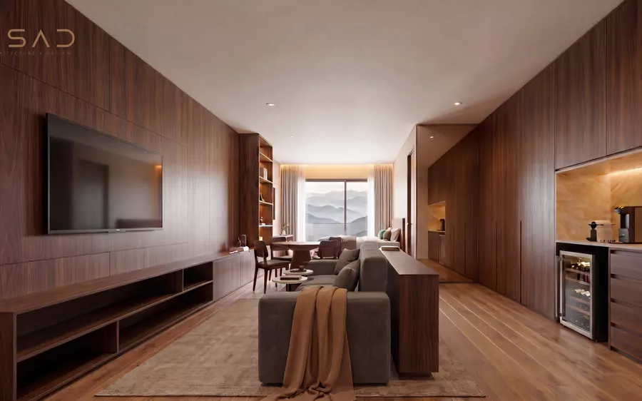 Estar integrado à cozinha no apartamento de 60 m²